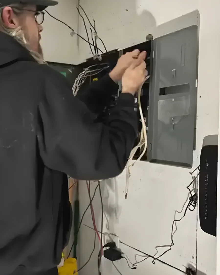 Electrician wiring a new breaker panel to replace a fuse panel in a Point Clark cottage