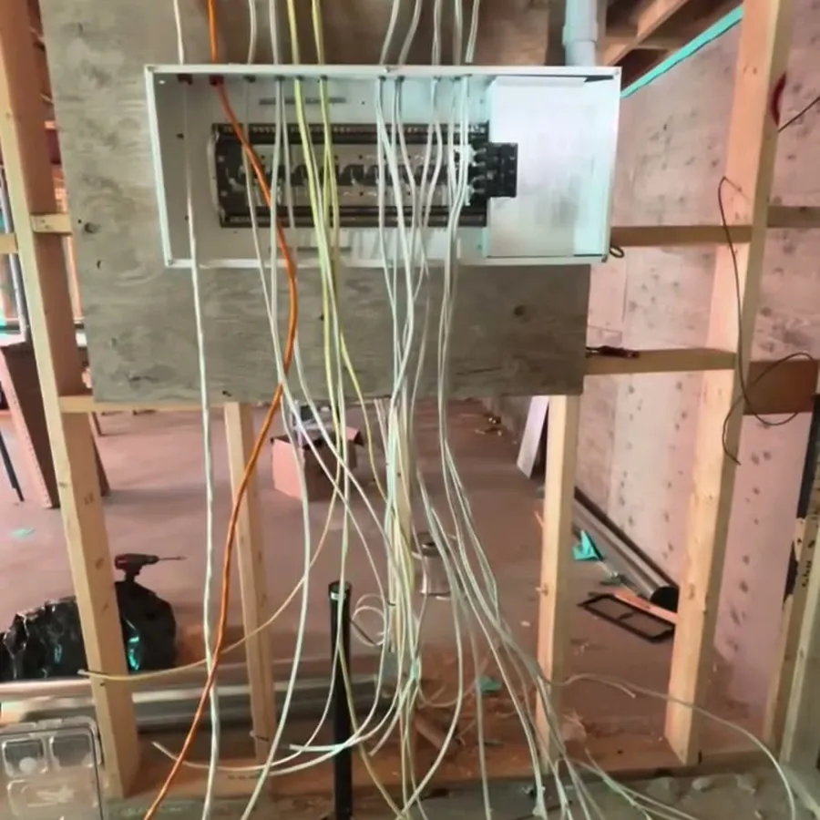 Tobermory: a waterfront new build, rough-in to panel, step 4: Cables pulled into the panel, ready to terminate