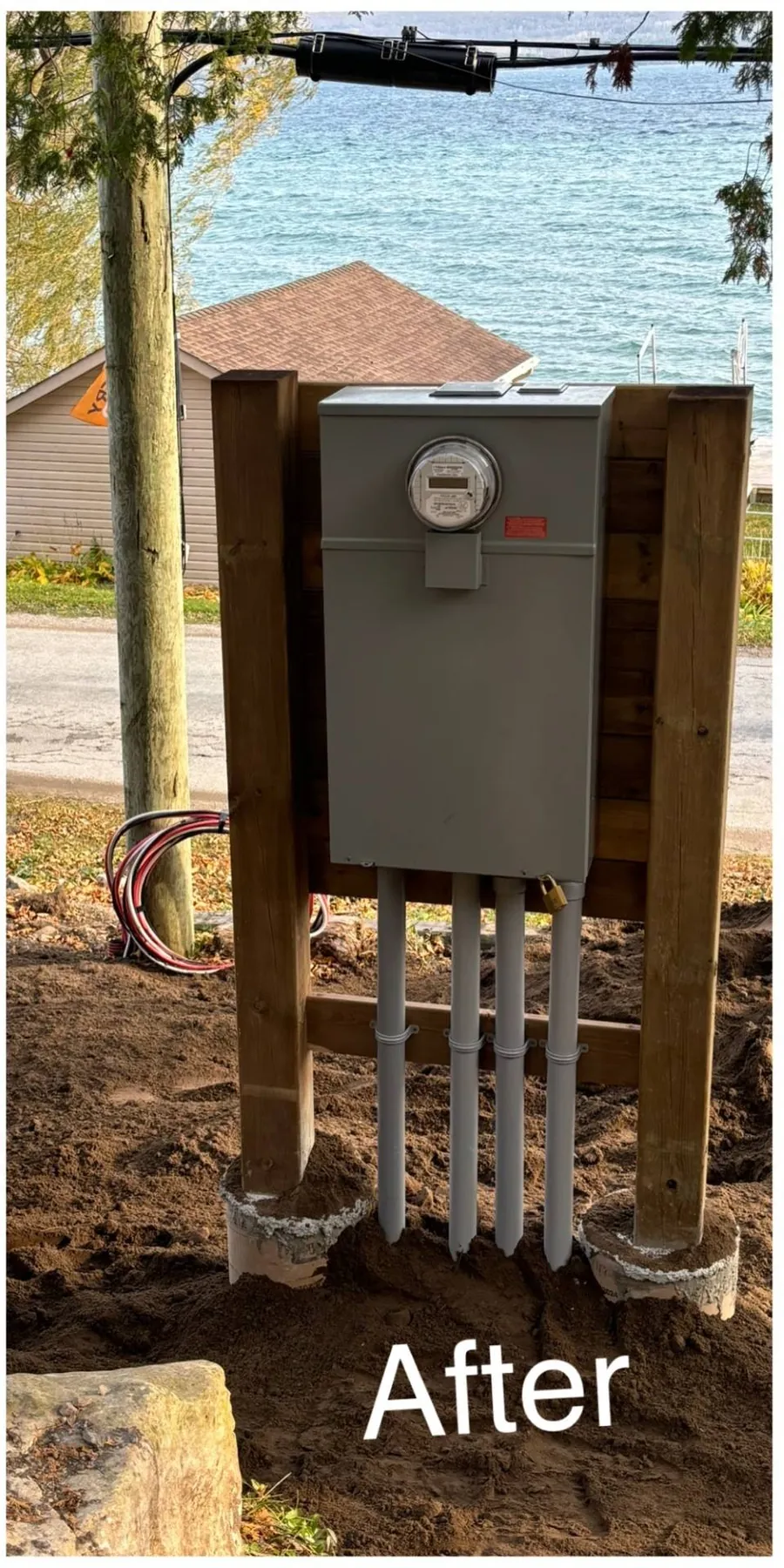 New meter pedestal and underground service at a waterfront property, Grey Bruce
